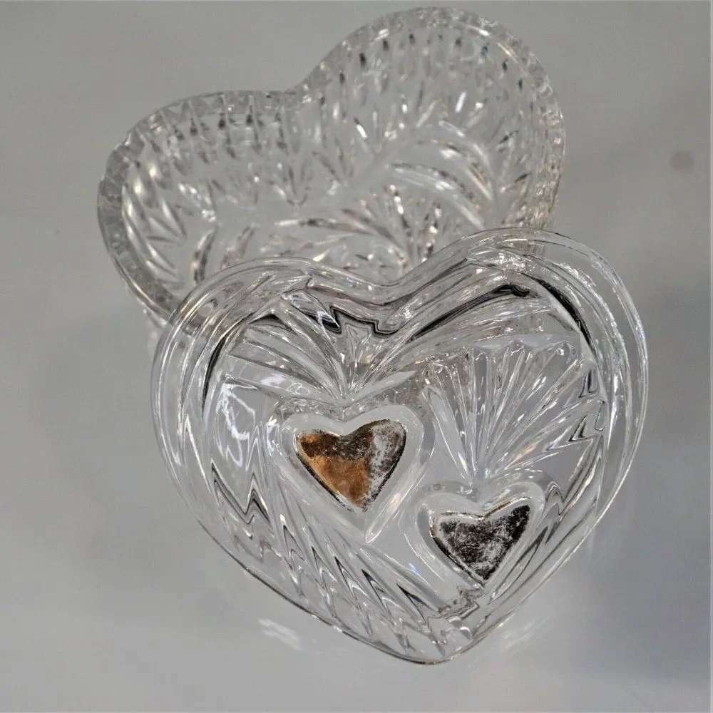 Vintage Trinket Dish Heart Shaped Starburst Crystal Cut Glass Jewelry Box
